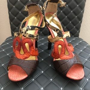 Bebe patchwork faux snakeskin heels